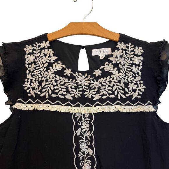 THML Embroidered Flutter Sleeve Mini Shift Dress Black Cream Boho Lace Trim S - Picture 4 of 10